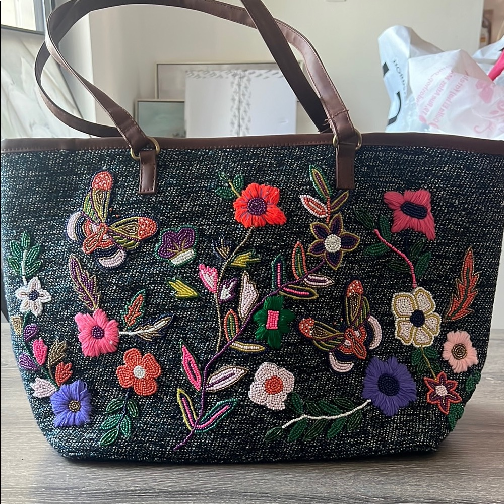 America & Beyond Embroidered Floral Tote Bag - Multi vibrant colors .